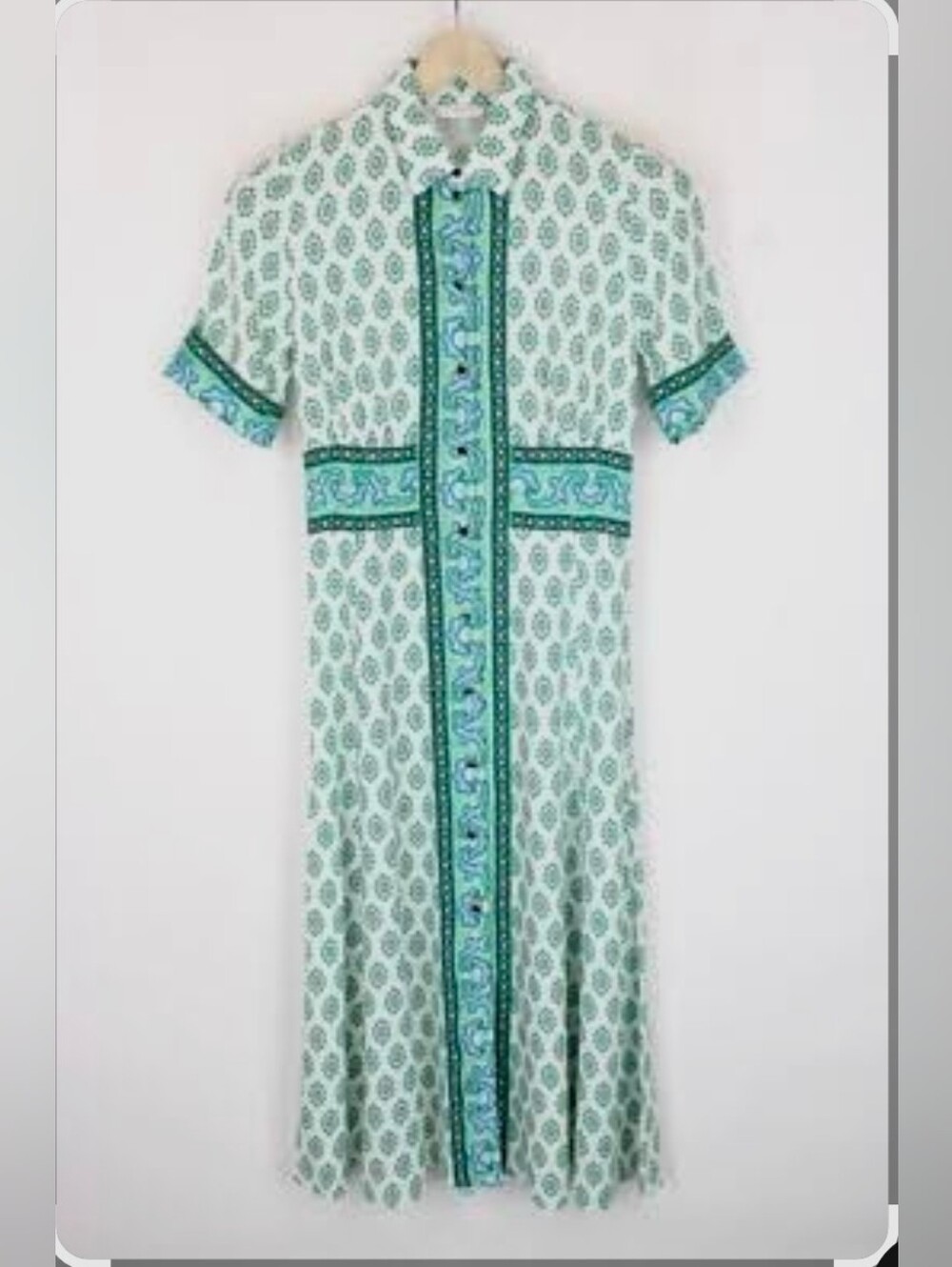 Green & White Printed Maxi Dress with Blue-Green Trim